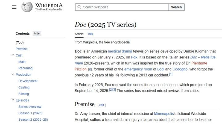Wikipedia entry for the Doc (2025 TV series) on Fox, outlining the medical drama's premise, its Italian origins, and production by Barbie Kligman.