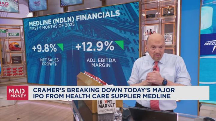 Jim Cramer reviews Medline IPO financial data on Mad Money, including sales growth and EBITDA margins to highlight concerns regarding stock overvaluation.