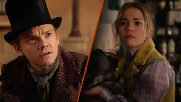 Thomas Brodie-Sangster portrays Jack Dawkins in a top hat beside Maia Mitchell as Lady Belle Fox, setting the dramatic tone for The Artful Dodger series.