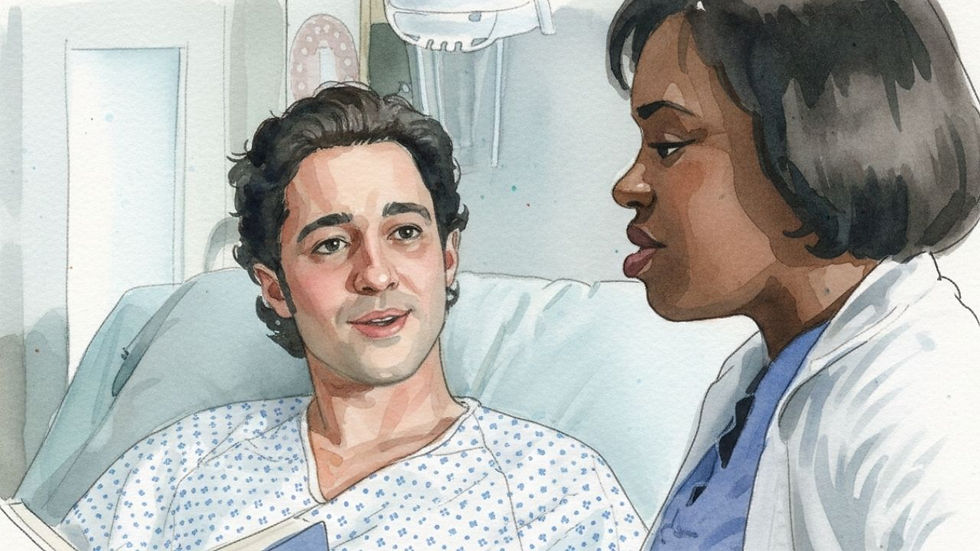 Thomas "T.J." Gigot habla con la Dra. Miranda Bailey mientras está sentado en una cama de hospital durante una consulta médica en esta escena de Grey's Anatomy.