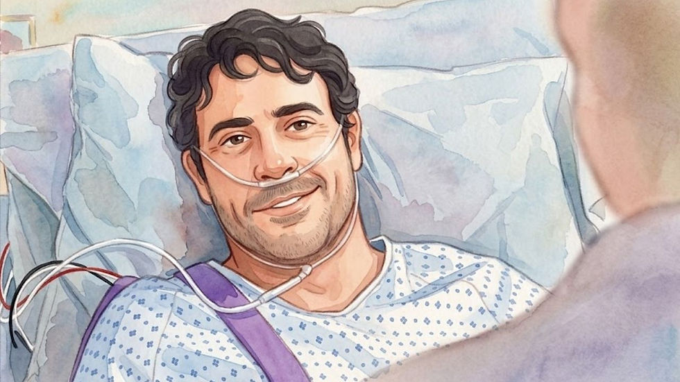 Denny Duquette smiles warmly while resting in his hospital bed.