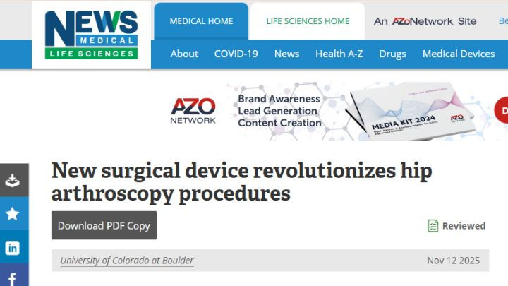 Screengrab of an article from News Medical Life Sciences about a new surgical device for hip arthroscopy procedures
