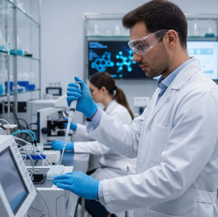 Scientist in a lab coat and gloves uses a pipette, surrounded by scientific equipment, symbolizing antibiotic discovery research.