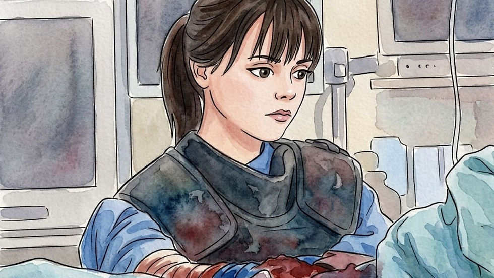 La paramédica Hannah Davies mantiene su mano firme dentro del pecho de un paciente.