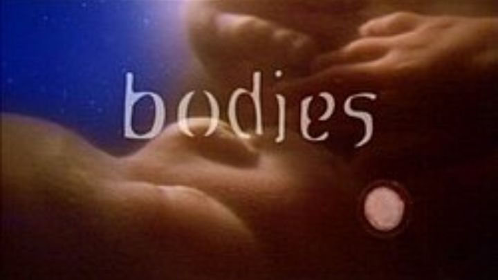 Title card for Bodies 2004 TV series with white stylized font overlaid on a blurry, flesh-toned background showing soft human shapes.