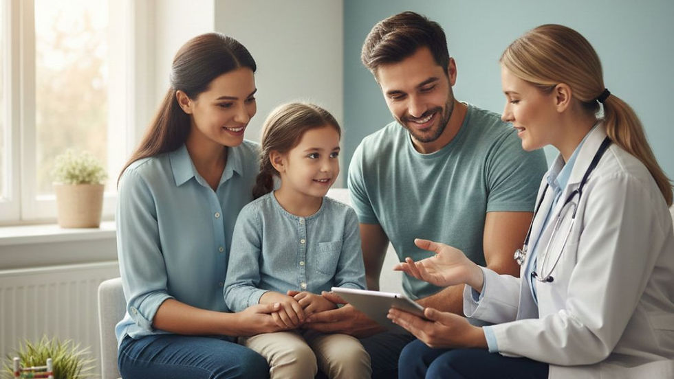 Doctor consulting with parents and child about metabolic signaling interventions, using a tablet to explain personalized autism prevention strategies.
