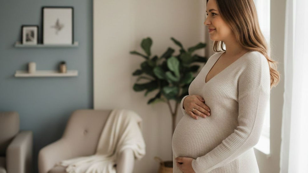 A smiling pregnant woman in a home setting, representing the biological milestone of successful embryo implantation for a healthy, full-term pregnancy.