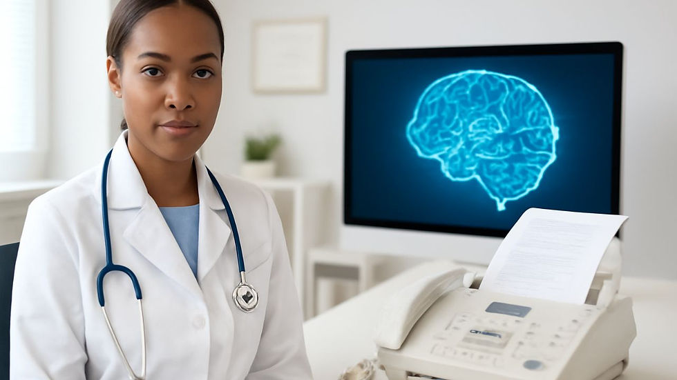 Un doctor con bata blanca sentado en una oficina con una imagen del cerebro mostrada en un monitor y una máquina de fax en el fondo.