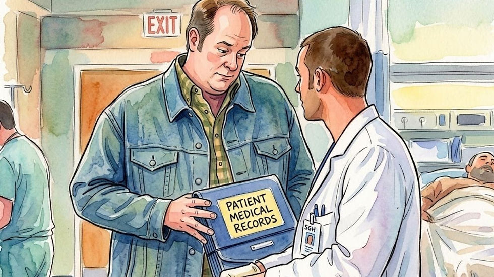 Alex Karev speaks with a man holding a folder labeled Megan's Medical Records.