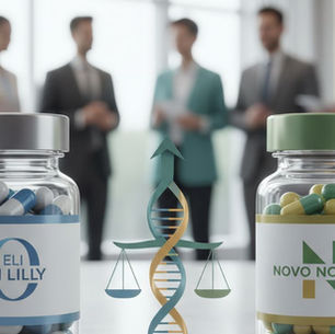 Una imagen que muestra dos frascos de pastillas, uno con el logotipo de Eli Lilly y el otro con el logotipo de Novo Nordisk, con una balanza de ADN equilibrando entre ellos.