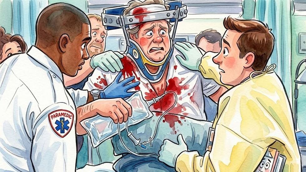 Jim Johnson stabilizes a bloody trauma patient.