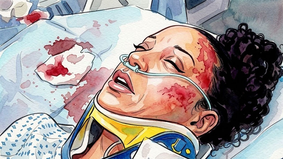 Giselle Toussant yace lesionada en una cama de hospital.