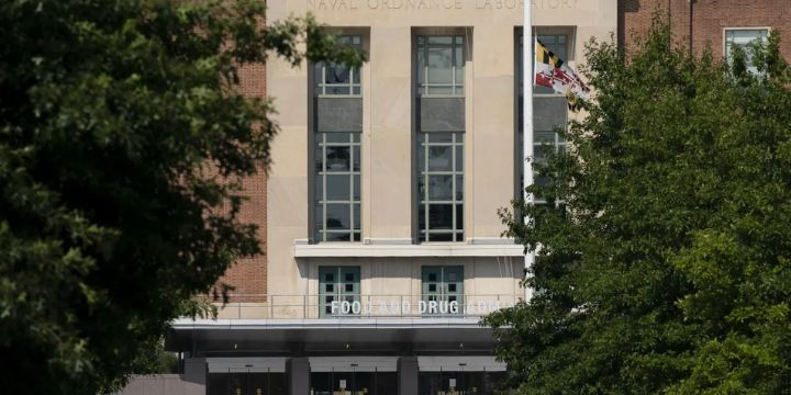 Exterior view of the U.S. Food and Drug Administration (FDA) building, partially obscured by green trees, with a Maryland flag flying.