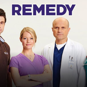 Leading cast members Dillon Casey, Sarah Allen, Enrico Colantoni, and Sara Canning in medical scrubs and lab coats for the Remedy 2014 TV Series promotional poster.