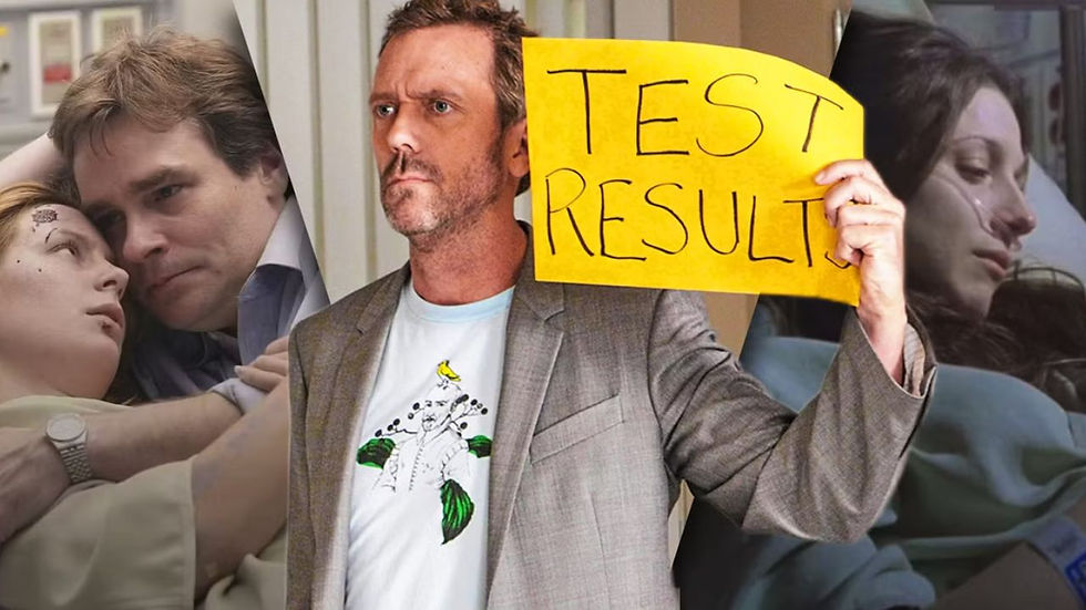Hugh Laurie as Dr. House holding "Test Results" sign, flanked by emotional scenes from House M.D. episodes.