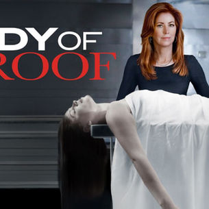 Dana Delany stars as Dr. Megan Hunt in this official poster for the Body of Proof TV series, standing over a body in a medical examiner’s morgue environment.