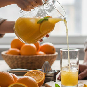 Pouring fresh orange juice for health into a glass with ice, surrounded by whole citrus fruits to show how OJ naturally fine-tunes your gene expression.