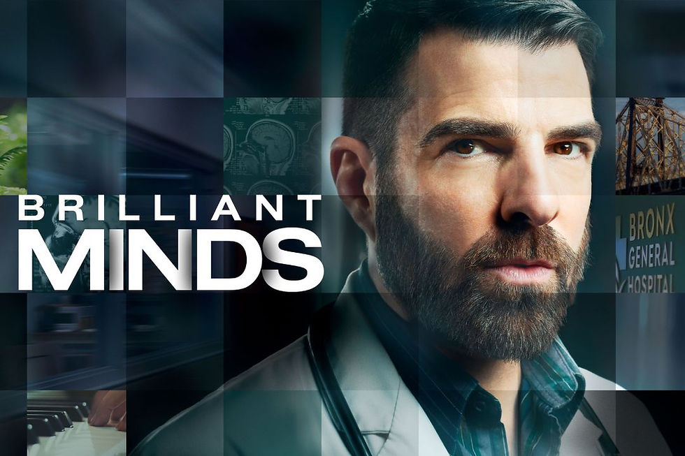 Póster promocional de la serie "Brilliant Minds" con un médico masculino serio, con imágenes médicas y urbanas sutilmente integradas.