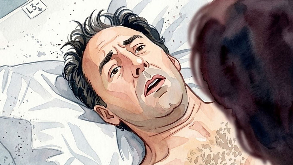 Adam Morris lies in a hospital bed.