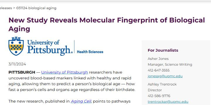 The image displays a webpage headline titled "New Study Reveals Molecular Fingerprint of Biological Aging," from the University of Pittsburgh, dated March 11, 2024.