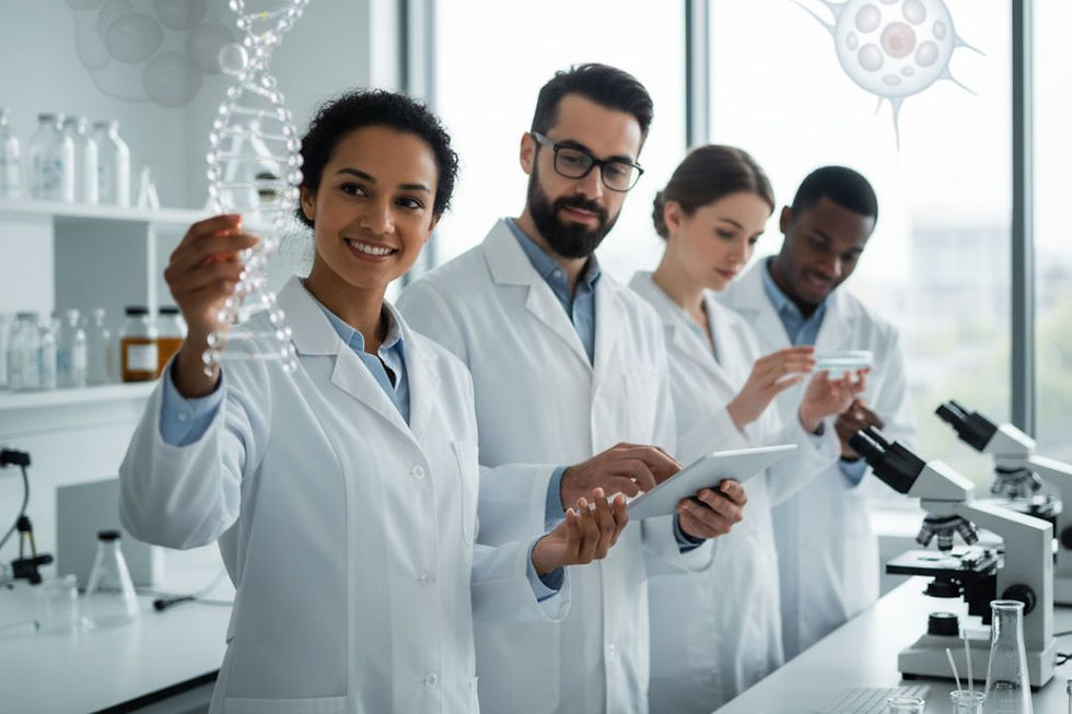 Equipo de investigación diverso examinando modelos y datos genéticos, destacando la importancia del análisis entre distintas ancestrías en el descubrimiento científico.