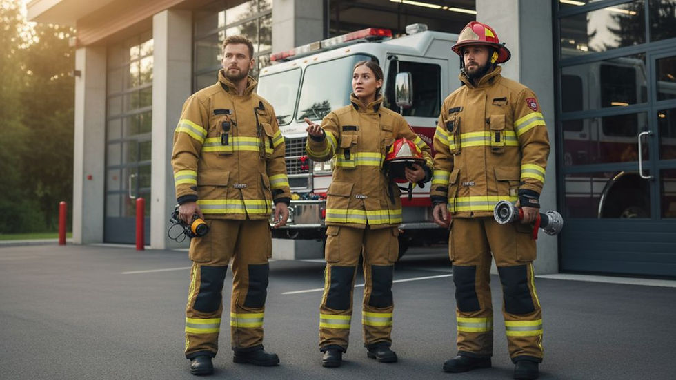 Three firefighters in uniform stand outside a fire station, representing the community impact and risk factors for alcoholism detection.