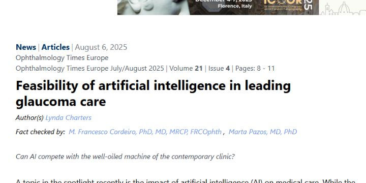 "Feasibility of artificial intelligence in leading glaucoma care" article from Ophthalmology Times Europe, discussing AI's role in eye health.