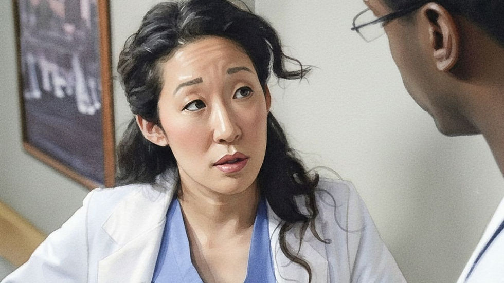 Cristina Yang looks intensely at Preston Burke as they discuss a case in the hospital hallway in this scene from the popular drama Grey's Anatomy.