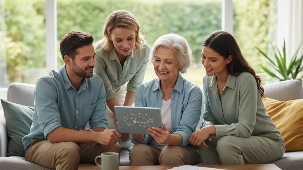 Mujer mayor aprendiendo herramientas digitales con el apoyo de su familia, destacando el programa WECARE para cuidadores de personas con demencia.