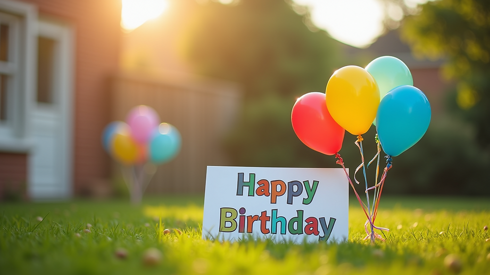 Close-up view of a birthday yard card with colorful balloons and a "Happy Birthday" message