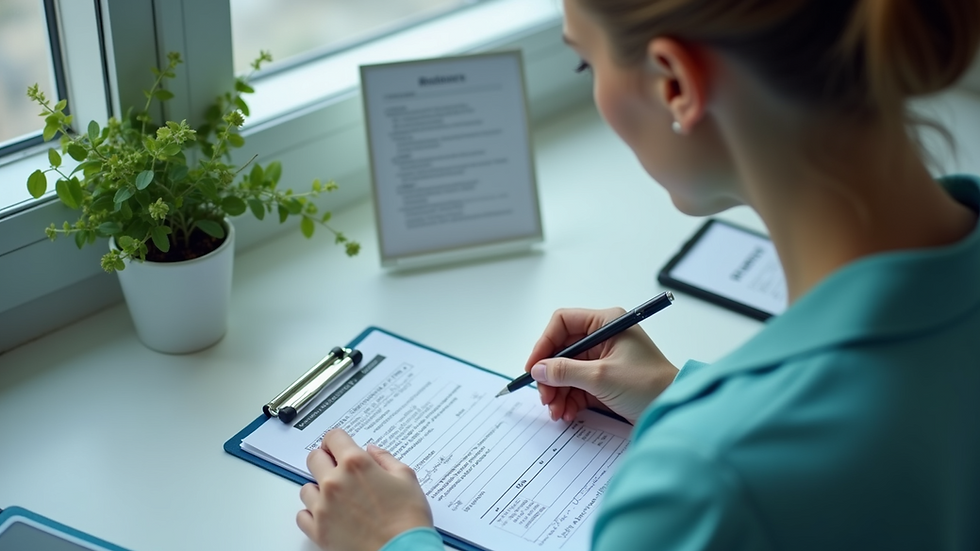 High angle view of a woman filling out a medical form at a clinic