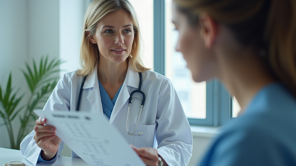 Eye-level view of a healthcare professional explaining test results to a woman