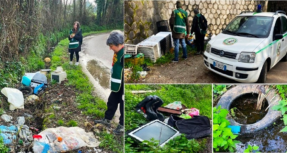 Volontari ispezionano una discarica abusiva a Dragoni.