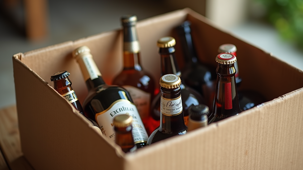 Close-up view of a delivery box filled with various alcoholic beverages