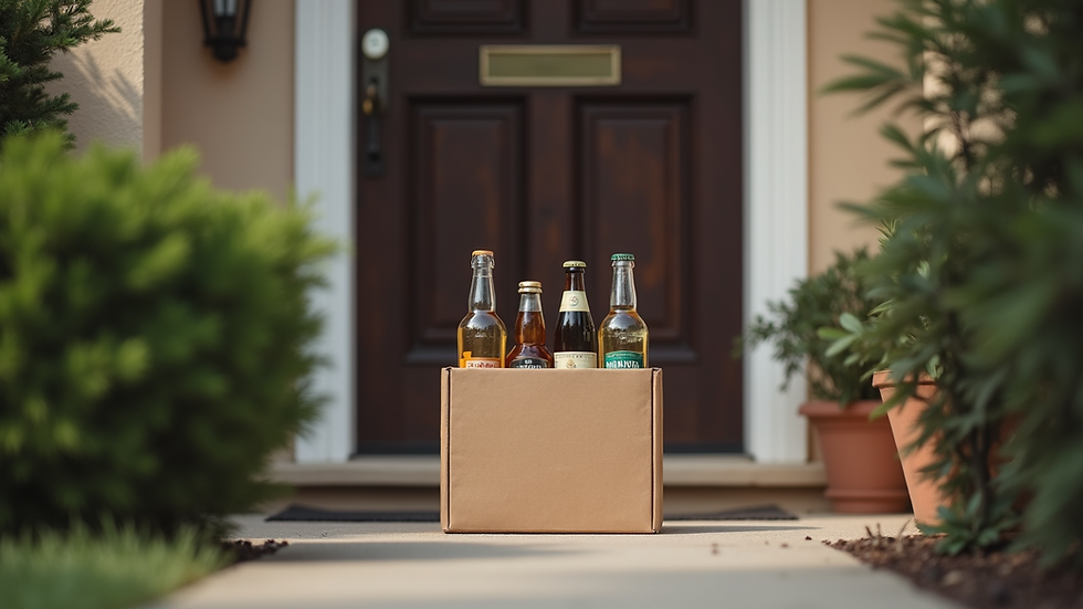 Eye-level view of a delivery box with various alcoholic beverages on a doorstep