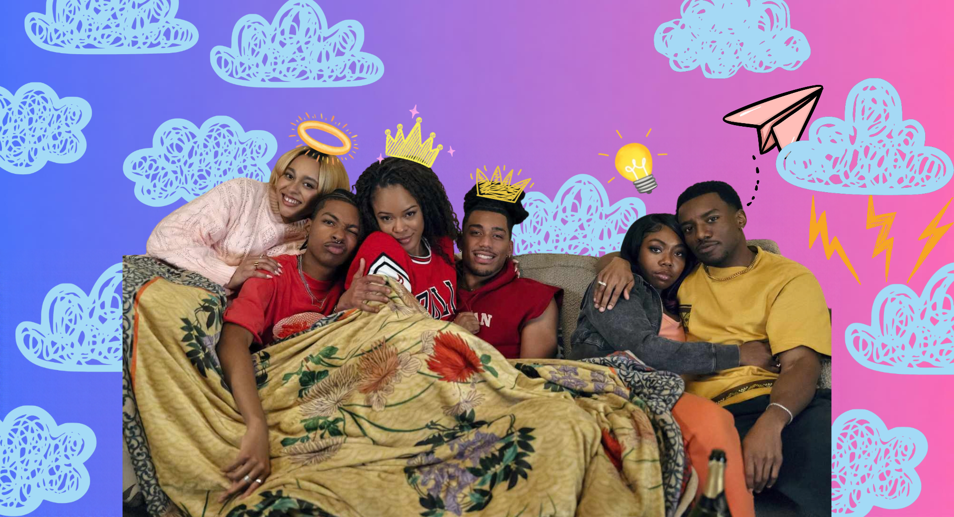 collage with multicolored back drop, blue clouds with the cast of TV show 'A Different World' cuddling together on a couch