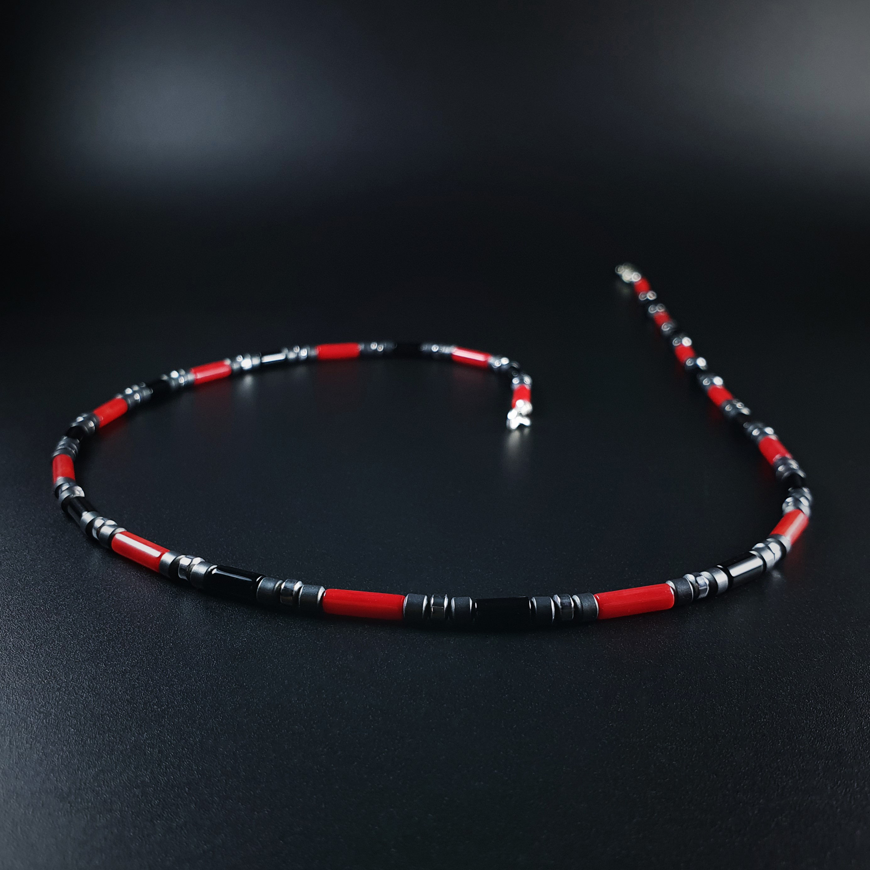 Mens necklace Red Coral black Onyx