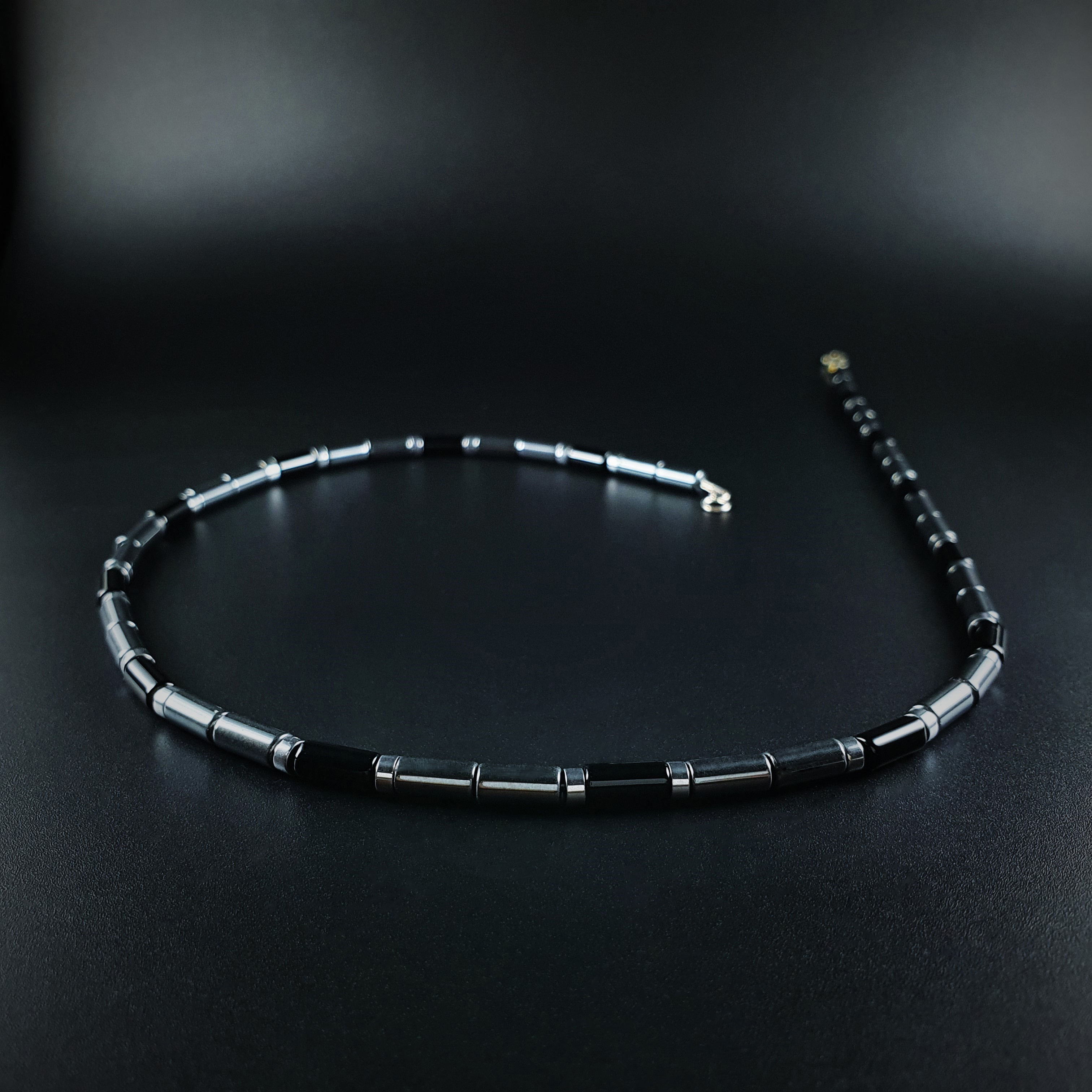 Mens necklace hematite black onyx gemstone