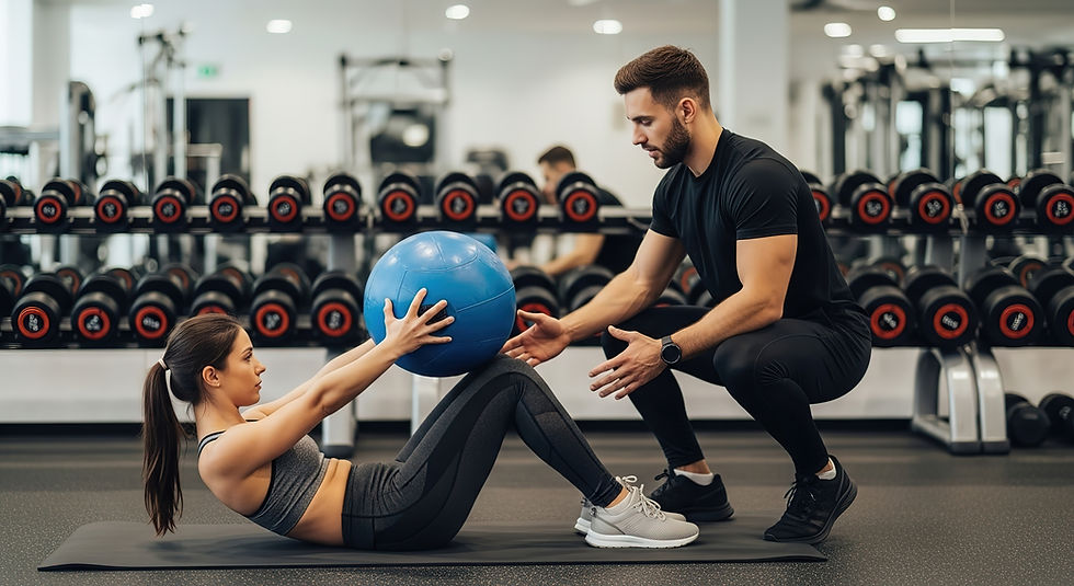 personal trainer with client using exercise ball during crunches