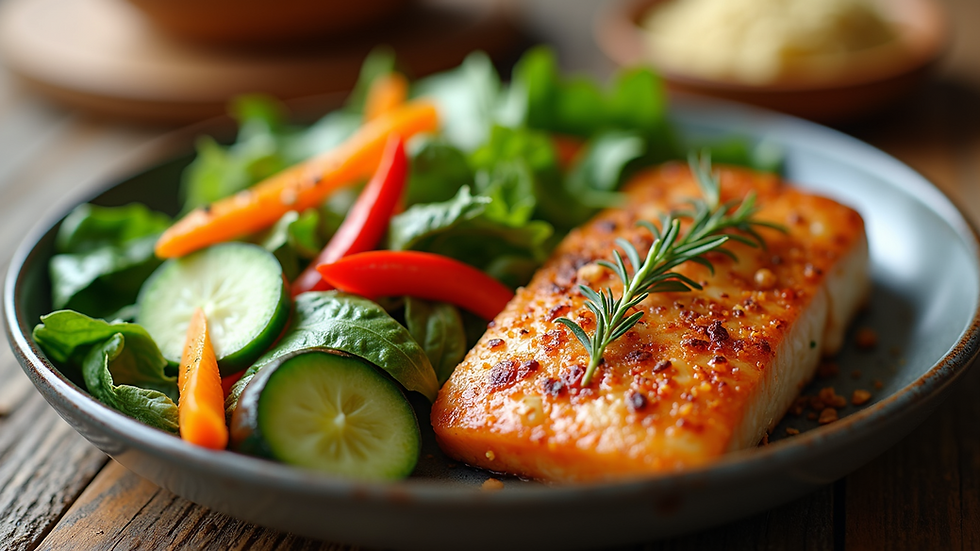 Close-up view of a healthy meal with colorful vegetables and lean protein