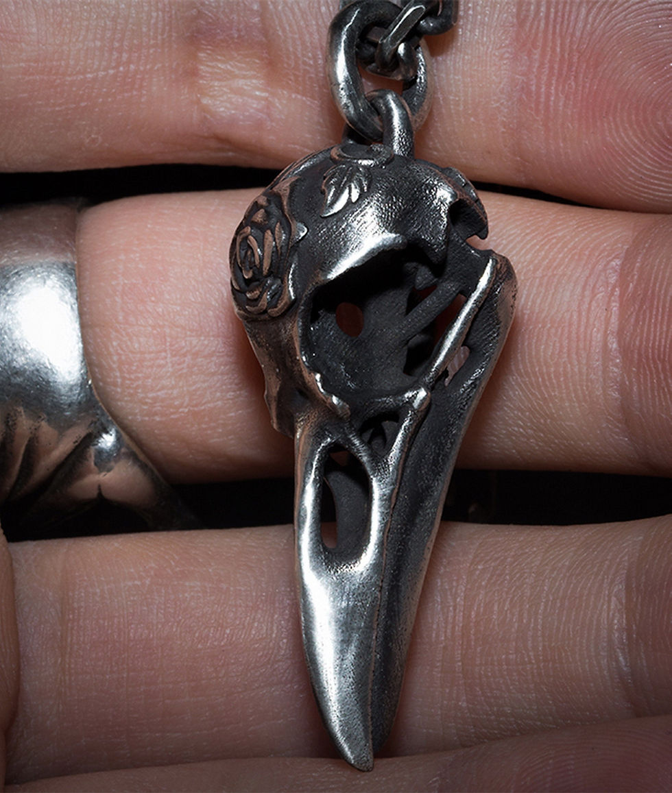 Thumbnail: Raven Skull Rose Handmade Solid Silver Pendant Bird Skull Pendant Antiqued Retro