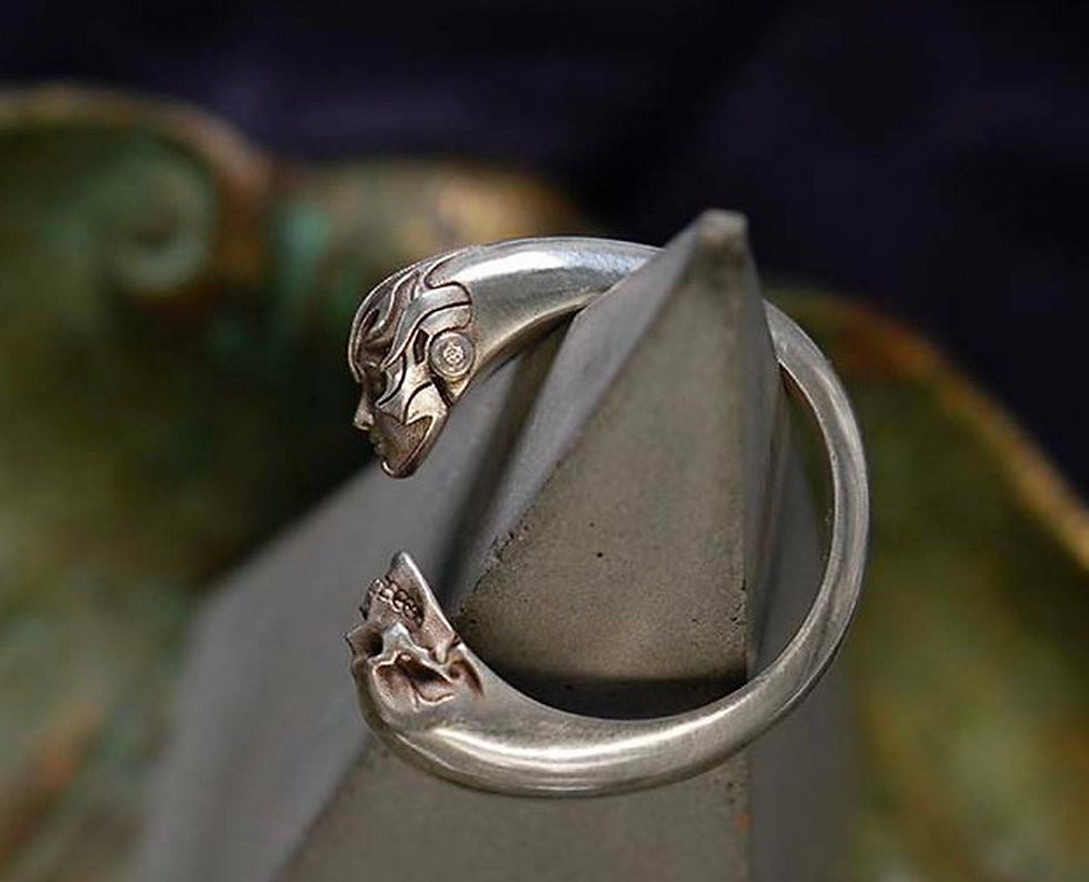 Thumbnail: Skull Serpent Snake Warrior Goddess Handmade Silver Ring Biker Wiccan Pagan Ring