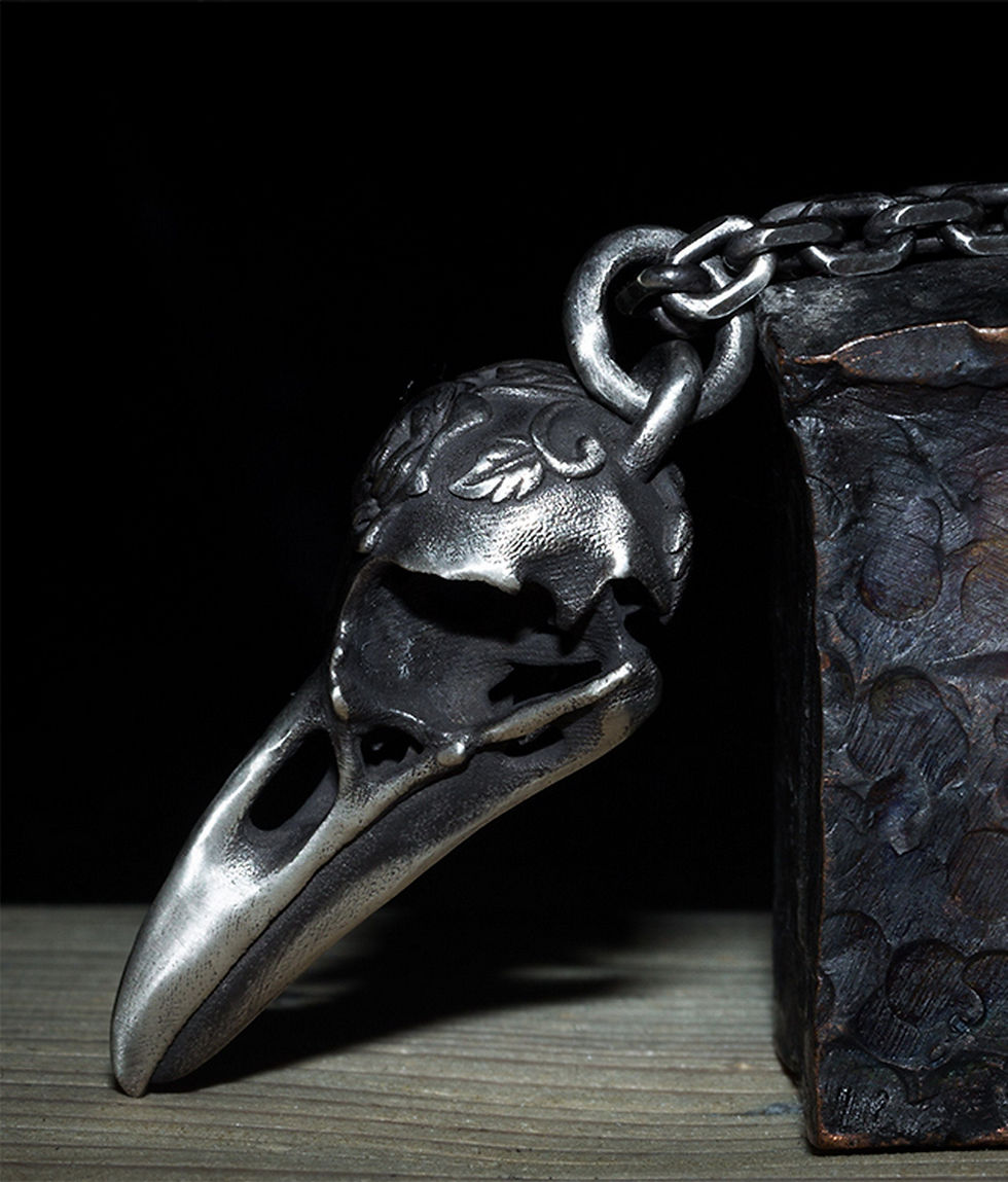 Thumbnail: Raven Skull Rose Handmade Solid Silver Pendant Bird Skull Pendant Antiqued Retro