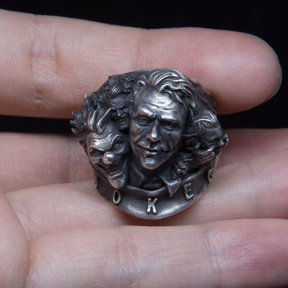 Thumbnail: Joker Silver Ring Clown 4 Joker Faces Ring Craft Handmade Ring Large Men's Solid