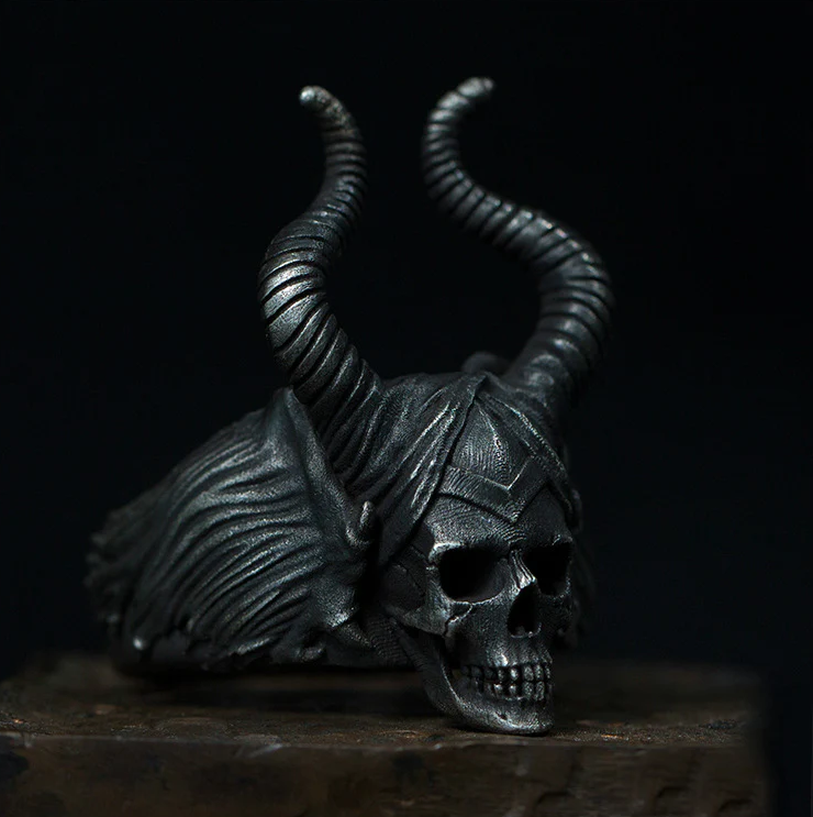 Maleficent Horned Skull Silver Ring