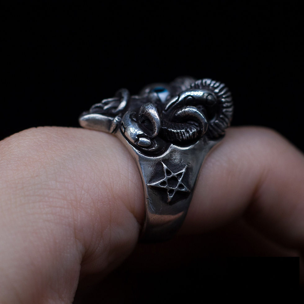 Thumbnail: Goat Head Silver Ring Inverted Pentagram Baphomet Gothic Vintage Satanic Star Ri