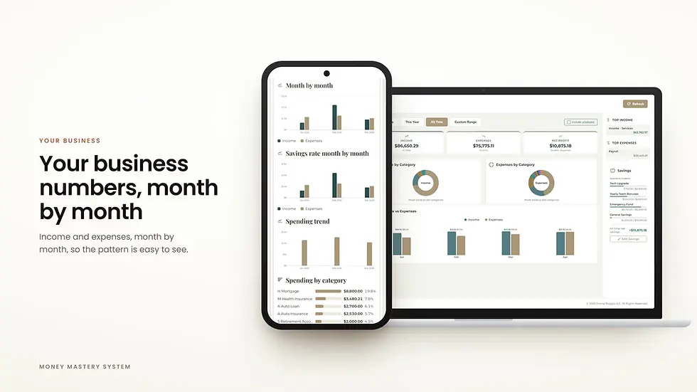 The Money Mastery System business dashboard with income by month