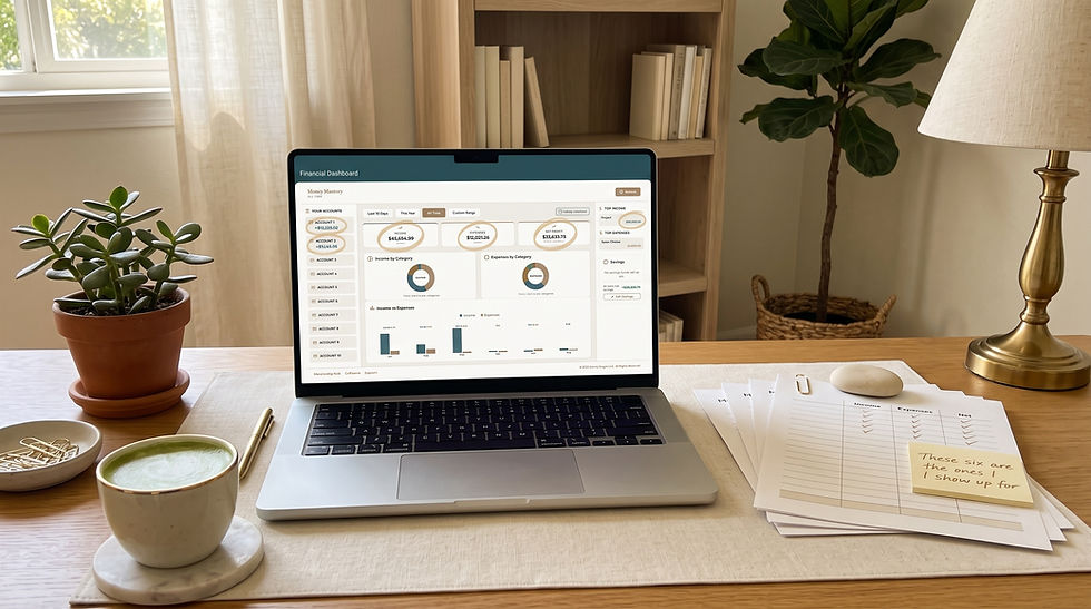 Laptop on a tidy desk shows a financial dashboard, with notes and papers beside a plant, coffee, and lamp in a calm home office.