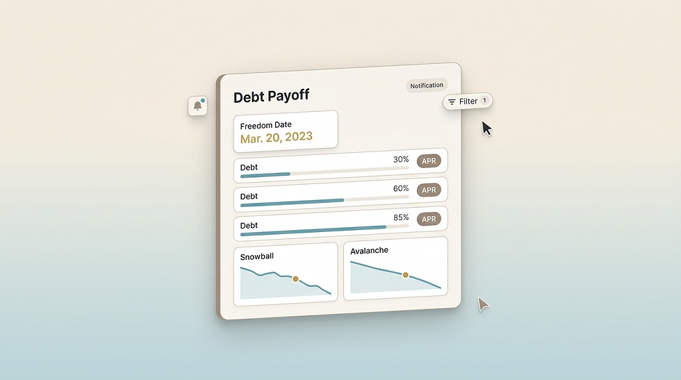 Modern SaaS-style dashboard graphic comparing debt snowball and debt avalanche payoff paths with progress bars and freedom date