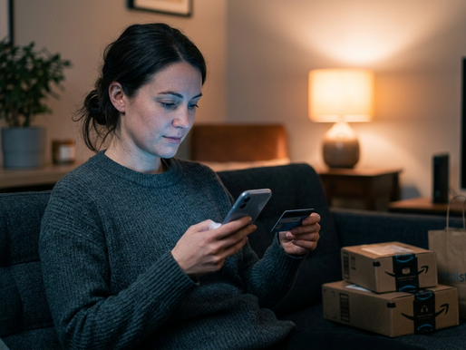 Person sitting on a couch at night holding a phone and credit card next to unopened packages, reflecting on an impulse purchase